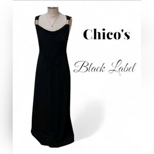 Chico’s Black Label Drape Neck Sleeveless Dress Gold Hardware Black Size 00